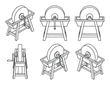 Black outline vector illustrations of traditional hand-cranked grinding stones.