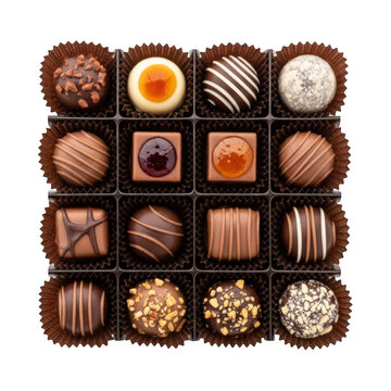 Assorted chocolate truffles arranged neatly in a box of twelve compartments
