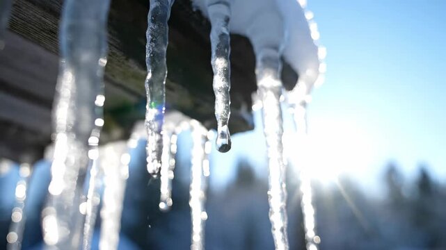 Ice Icicles Hanging in Bright Winter Sunlight