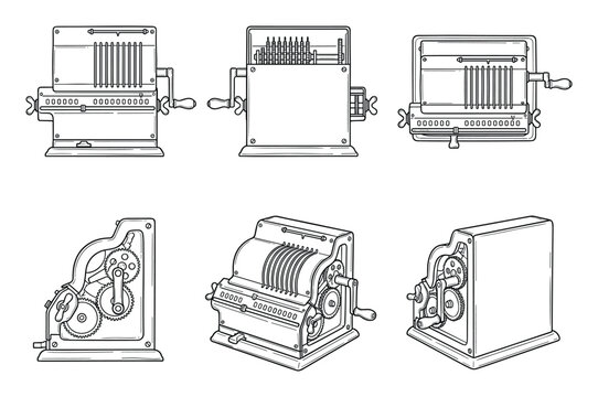 Line art illustrations of a mechanical calculating machine from various angles showing its internal gears.