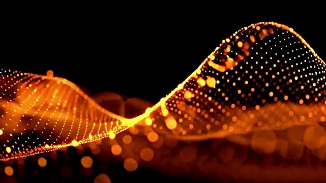 Glowing orange particle waveform, abstract data visualization, futuristic technology background, motion graphics element