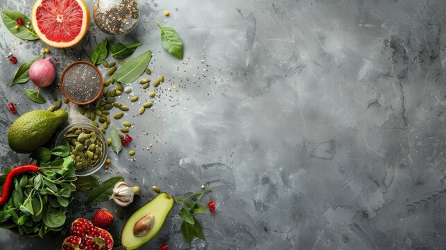 Healthy food composition on gray background