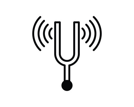 Black outline icon of a musical tuning fork resonating and generating sound waves.