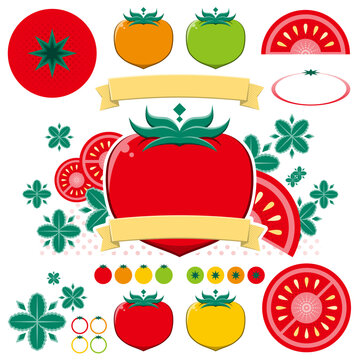 トマトのイラストとデザインのセット（Set of tomato illustration and design）