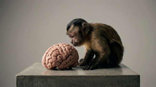 curious small capuchin monkey sitting on a concrete pedestal and closely examining a human brain model against a neutral grey studio background, symbolizing evolution and intelligence