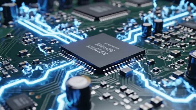 Close-up of Computer Circuit Board with Glowing Blue Energy