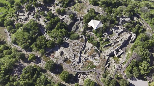 Aerial Drone View of Ancient Troy Archaeological Site in Canakkale Turkey UNESCO World Heritage Site