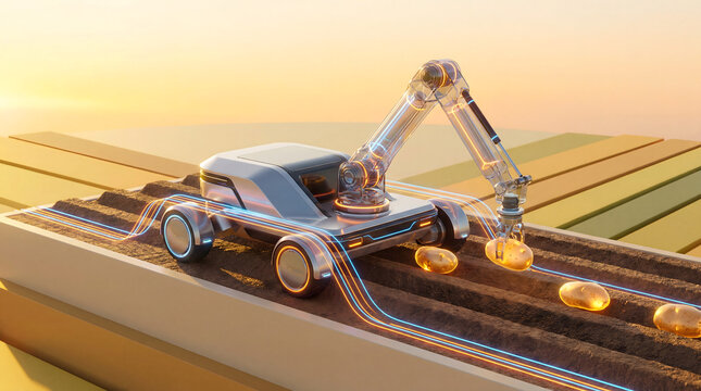 Futuristic autonomous robot harvesting crops in glowing digital farm at sunset