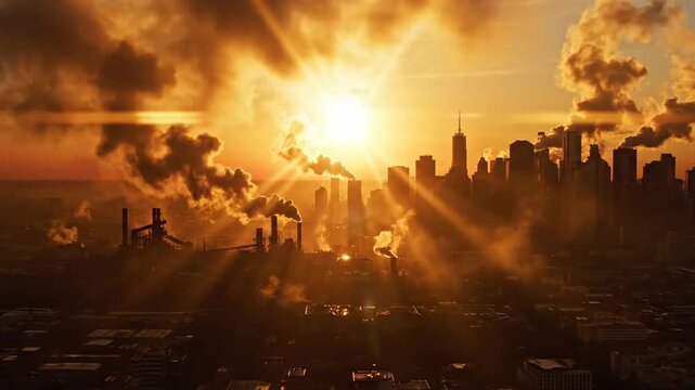Golden explosion of particles over an industrial cityscape at sunset
