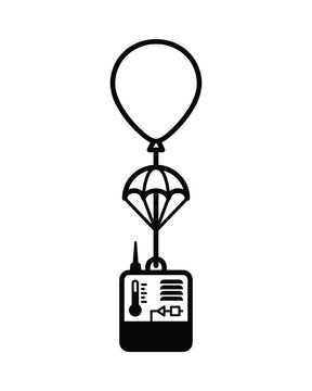 Black outline vector illustration of a radiosonde package with thermometer and parachute.
