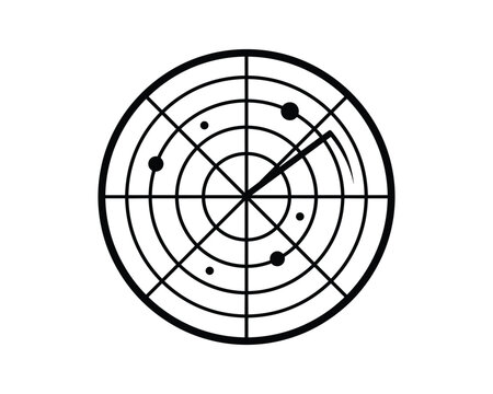 Black and white radar screen with sweeping arm and target blips icon illustration