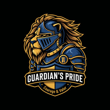 A bold emblem depicting a lion in knight armor, symbolizing courage and valor, embodying strength and bravery in a striking visual style.