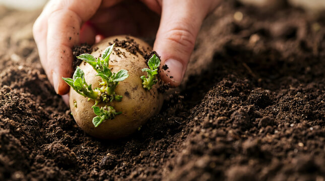 Hand planting sprouted seed potato in dark fertile garden soil