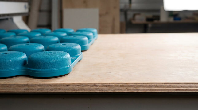 Blue plastic spacer grid resting on plywood sheet edge in workshop