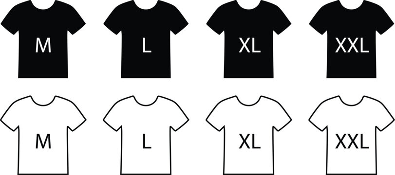 T-Shirt Size Chart Icons Vector Set &ndash; Clothing Sizes M L XL XXL Black and Outline Shirt Symbols