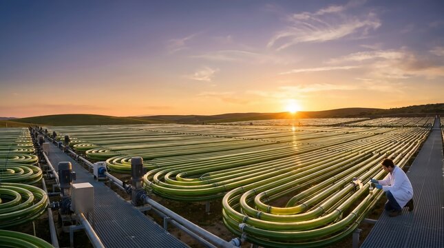 Scientist working in outdoor algae farm at sunset, sustainable biofuel production