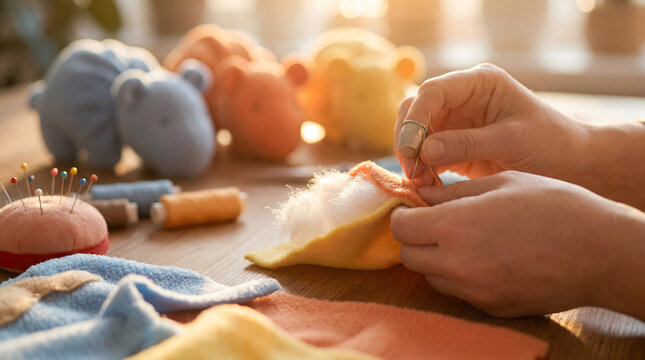 Hands sewing stuffed animal toy with thimble and needle in warm golden light