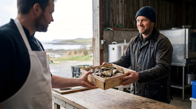 Oyster farmer delivering fresh catch to chef in coastal seafood shack