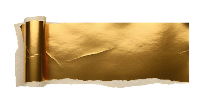 A lustrous strip of torn gold foil paper, partially unrolled and revealing a textured white backing, is set against a deep black background for luxurious design.