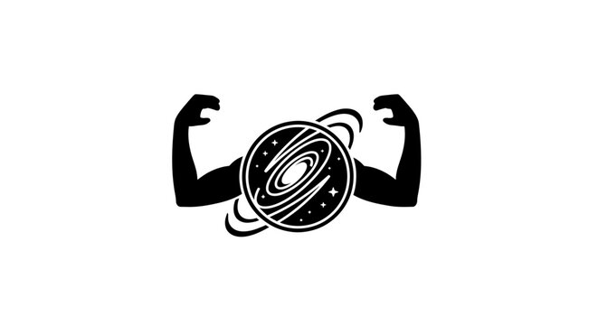 Muscular arms holding planet Saturn.