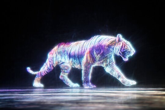 holographic tiger dancing to electronica