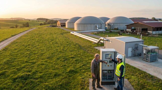 Biogas plant with farmers checking controls at sunset, rural landscape