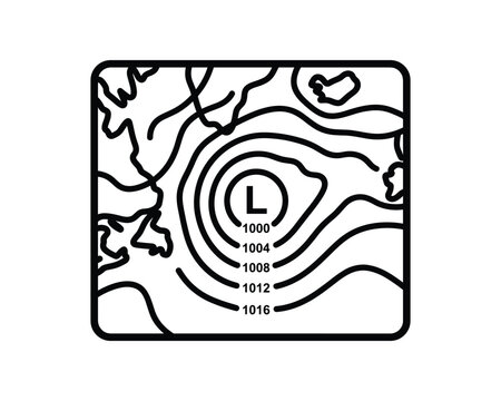 Black and white vector weather map illustrating a low-pressure system with isobars.