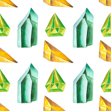 seamless pattern of citrine, emerald, chrysolite or beryl watercolor on white background. Hand drawn gemstones, isolated image
