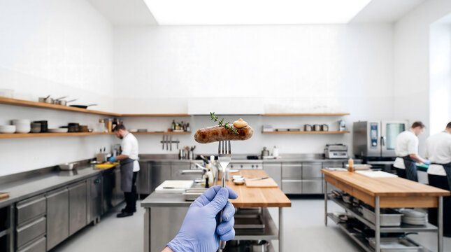Chef holding grilled sausage on fork with herb garnish in professional kitchen