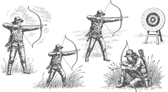 Archer in various poses during outdoor practice with hand-drawn illustration style
