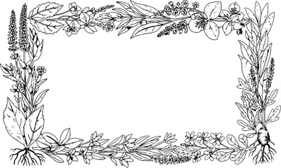Obraz premium Botanical Frame with Herbs and Roots in Elegant Line Art Style