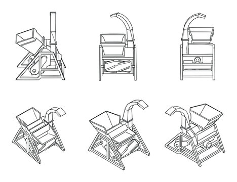 Black and white line art vector of a shredder machine blueprint with multiple views