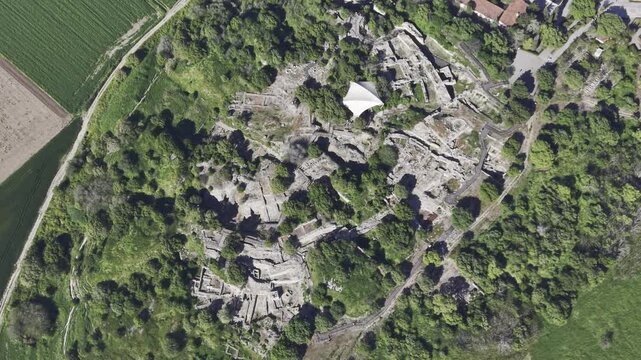 Aerial Drone View of Ancient Troy Archaeological Site in Canakkale Turkey UNESCO World Heritage Site