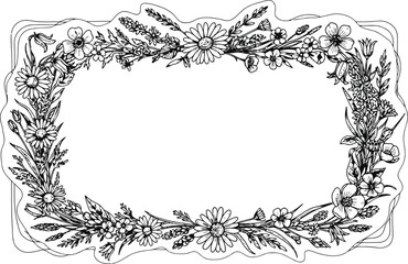 Delicate Wildflower Border with Botanical Elements and Organic Edges in Monochrome Line Art Style © Ishtiaq