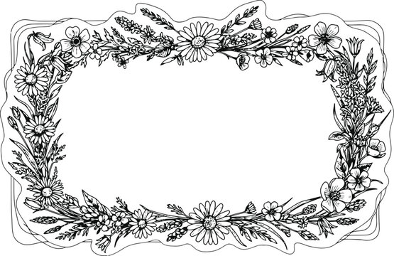 Delicate Wildflower Border with Botanical Elements and Organic Edges in Monochrome Line Art Style