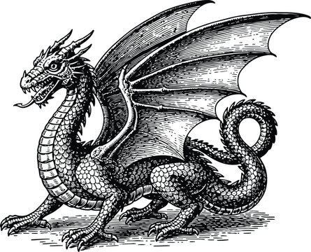 Detailed vintage engraving of a mythical winged dragon with scales and horns against a white background