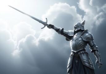 Naklejka premium futuristic knight in silver armor raising sword against stormy sky