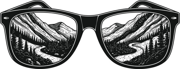 Eyeglasses reflecting a scenic mountain valley landscape with a winding river and pine forest in a detailed engraving style © Ishtiaq
