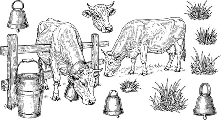 Farm animals sketched with milk bucket and bells in pastoral setting © Ishtiaq