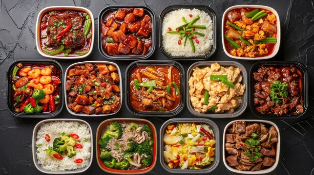 Variety of ready to eat meals in containers overhead shot