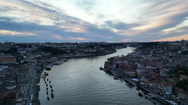 4K Aerial Rising View of Porto City and the Douro River, Portugal
