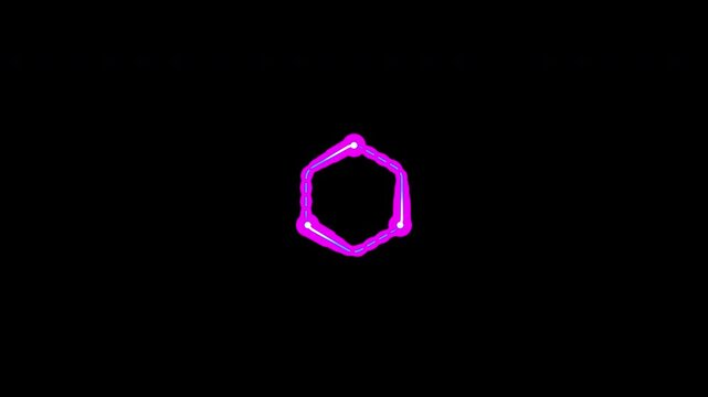 Dynamic 2D motion graphic loop showcasing a glowing cybernetic hexagonal circuit, with vibrant magenta and cyan dashed lines flowing radially, perfectly isolated on a transparent background.