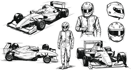 Formula One Racing Car and Driver Sketch with Helmets in Hand Drawn Style © Ishtiaq