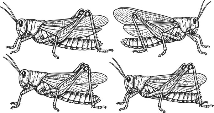 Four detailed engravings of grasshoppers in various poses against a white background