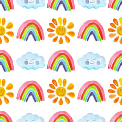 Naklejka premium seamless pattern of cute sun, rainbow, clouds with faces. Hand painted primitive art. Summer, birthday or Easter concept. Repetitive weather motif