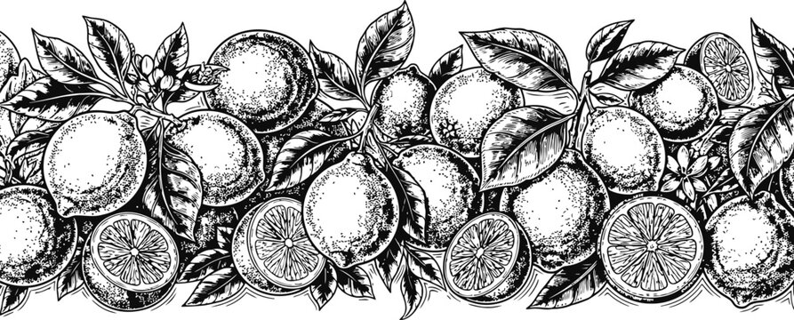 Fresh citrus fruits with leaves and blossoms in a decorative horizontal engraving pattern for organic branding
