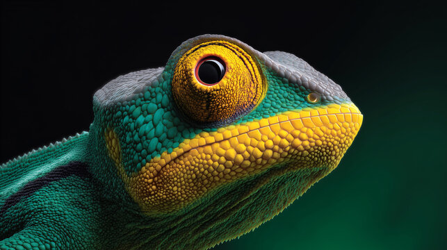 Macro close-up portrait of a colorful chameleon head