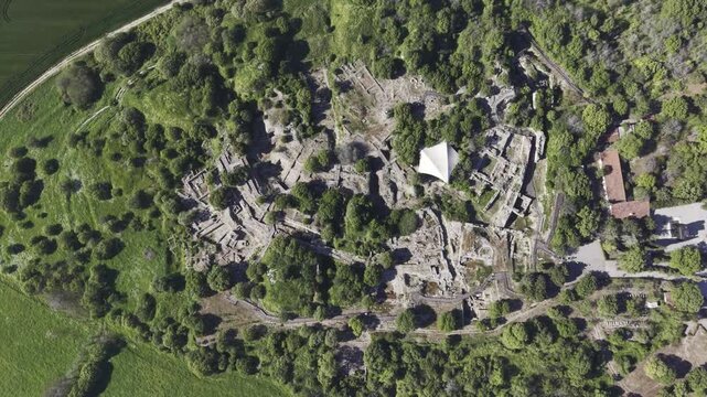 Aerial Drone View of Ancient Troy Archaeological Site in Canakkale Turkey UNESCO World Heritage Site