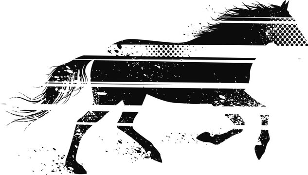 Galloping horse silhouette with grunge distressed texture and dynamic line patterns