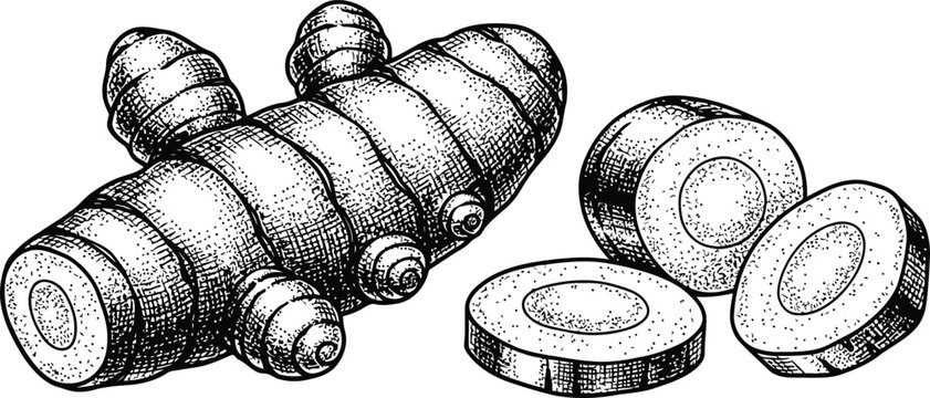 Ginger root and slices in detailed engraving style with cross-sections showing fibrous texture